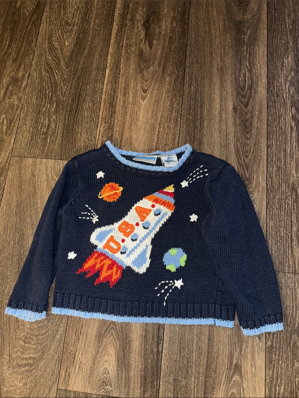 Flapdoodles Boys Navy blue with orange Rocket USA Sweater